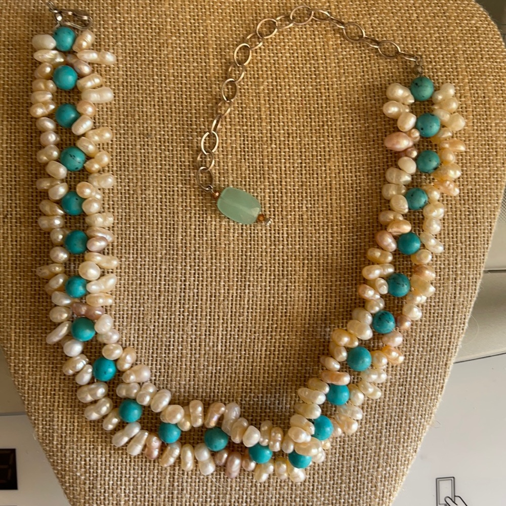 Turquoise and double pearl chocker necklace